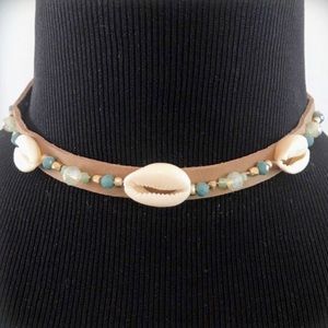 Garden Party Beachy Boho Brown Leather Shell Choker Necklace NWT